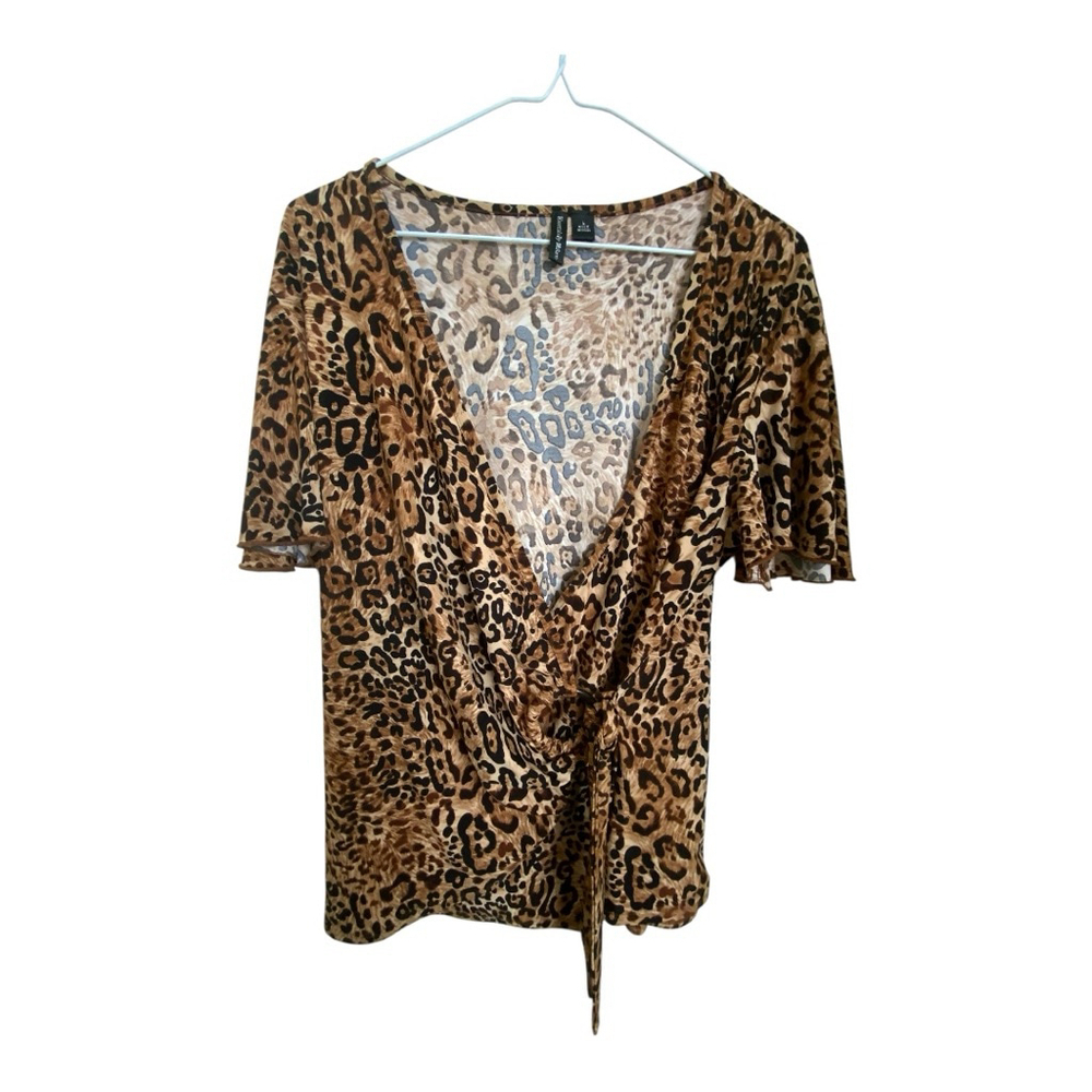 Essentials by Milano Brown Leopard Print Wrap Blouse Large